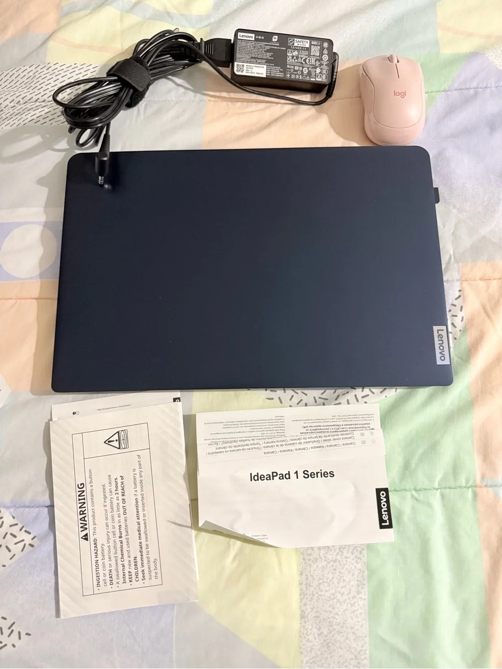 Lenovo Navy Blue Laptop with Charger and Pink Mouse